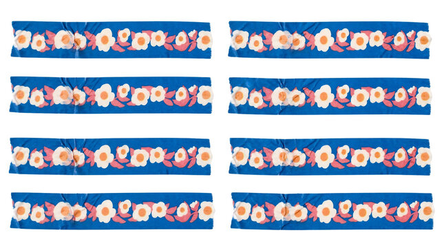 Set of 8 royal blue folk floral washi tape strips identical size, white daisy pink leaves isolated white