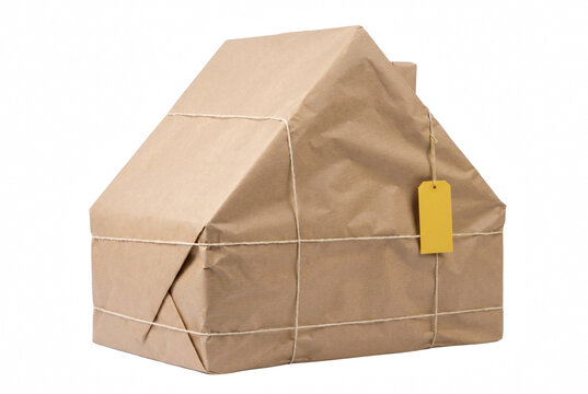 House shaped package wrapped in brown kraft paper with white string and yellow tag