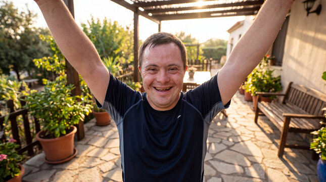 Man with Down syndrome celebrating personal achievement and fitness goals, raising arms in joy after completing an exercise session in an outdoor patio setting