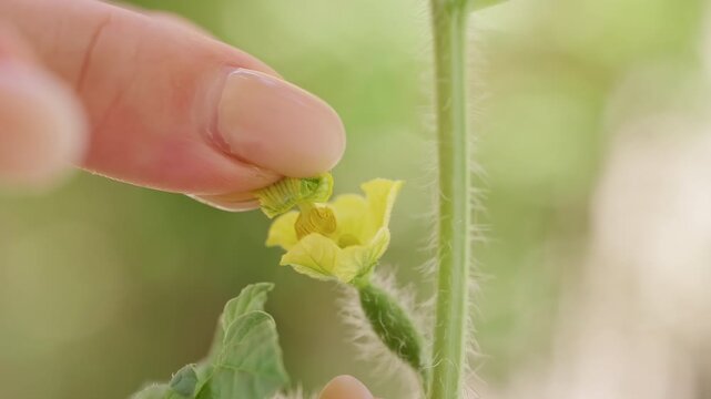 Close Up of a Hand Pollinating a Female Watermelon Flower with a Prepared Male Blossom, Transferring Pollen for Fertilization And Early Fruit Development