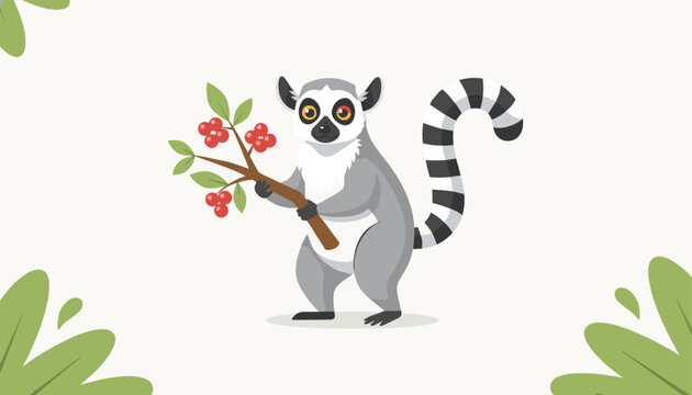 Cute ring-tailed lemur cartoon character holding a branch with red berries in its paws on a light cream background.