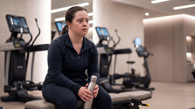 Woman with Down syndrome sitting on a gym bench, holding a water bottle and taking a break from her workout, representing inclusion, wellness, and an active healthy lifestyle