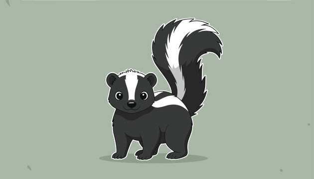 Cute cartoon skunk with a large fluffy black and white tail standing cheerfully on a solid light green background.