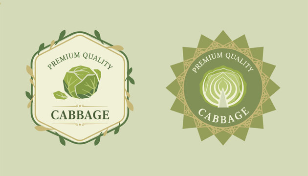Two green premium quality cabbage product labels featuring detailed cabbage drawings and rustic ornamental frames.