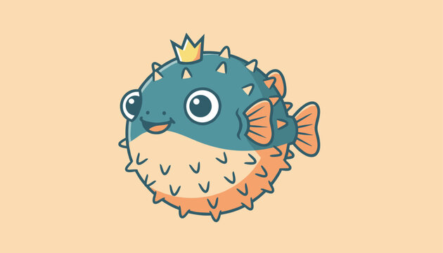 Adorable cartoon puffer fish with a small golden crown, big shiny eyes, and a sweet smile on a warm peach background.