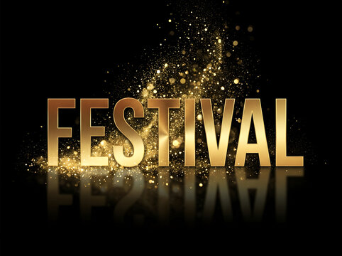 Glowing golden 3D text spelling festival with sparkle effects for event marketing materials