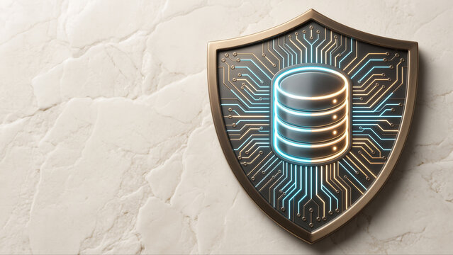 Shield database glowing AI cloud security protection safe secure defense guard firewall network system server storage data digital technology