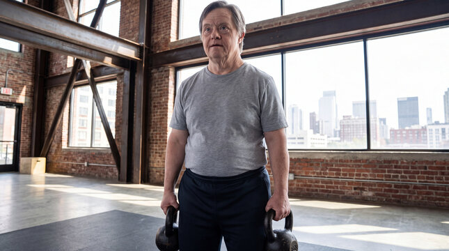 Senior adult man with Down syndrome standing strong and determined, holding two heavy kettlebells during a workout session in an urban gym setting, embracing an active and inclusive lifestyle
