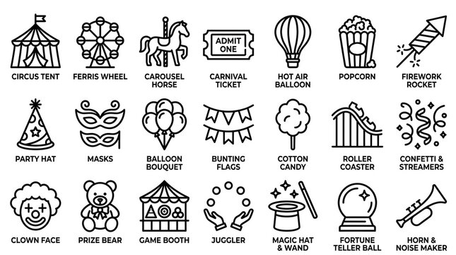 Set of sixteen illustrated icons depicting children's party themes and activities for event planning materials