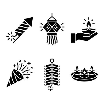 Festive icons set featuring fireworks, lanterns, and candles for celebration event branding