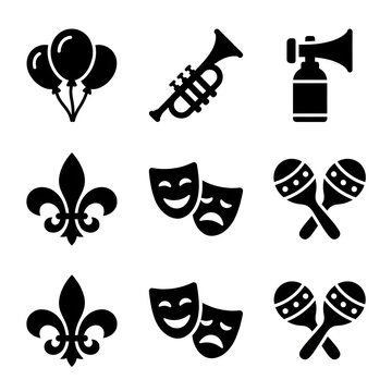 Mardi Gras and carnival icons set featuring fleur-de-lis, masks, trumpets, and party props in black and white vector style