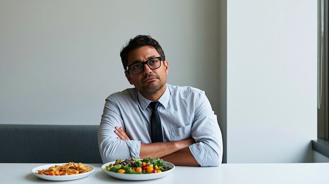 Professional choosing healthy lunch over snacks in modern office setting