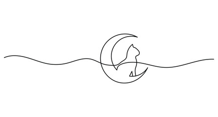 Obraz premium Cat on moon line art featuring a continuous single line drawing with editable stroke vector.