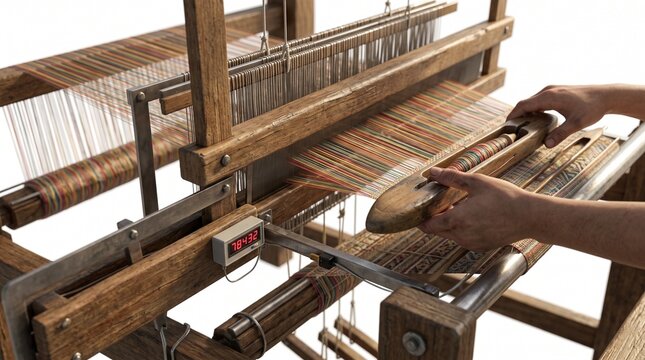 Traditional handloom shuttle with aged teak wood and fine silk thread under factory sunlight