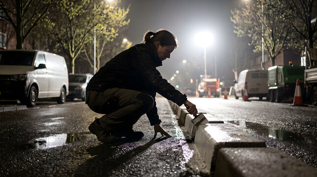 Woman painting kerbstones white with wide brush
