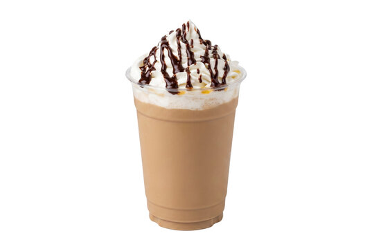 Iced Frappe Coffee with Whipped Cream and Chocolate Drizzle in Clear Cup