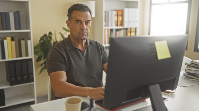 Man pointing index finger at desktop computer monitor and keyboard beside a coffee mug and books in an office building; concentration productivity.