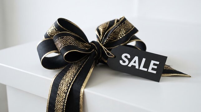 Elegant black gift with gold ribbon and sale tag on white background
