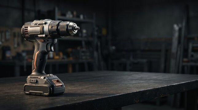 Modern cordless power drill on a dark wooden workbench in a professional industrial workshop environment with blurred background and copy space