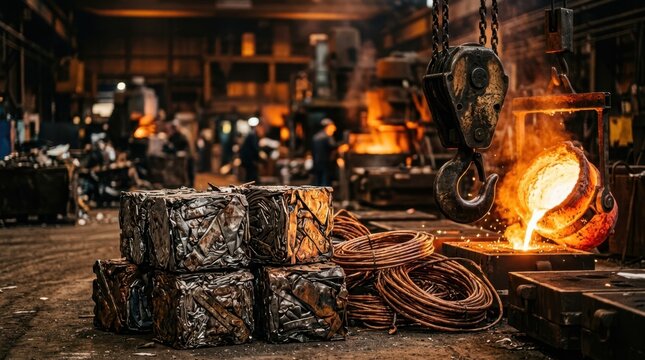 Compressed steel bales, molten furnace glow, crane hook and sorted copper coils in scrap metal recycling facility