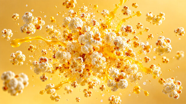 Exploding popcorn flying from a striped cinema box on a bright yellow background, ideal for movie, entertainment, snack, theater and creative advertising campaigns.