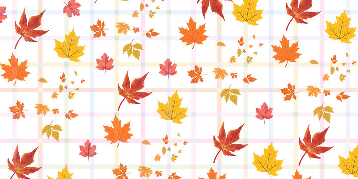 Seamless autumn pattern with falling colorful red orange and yellow maple leaves over a subtle soft pastel plaid grid background for thanksgiving and seasonal design