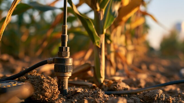 Soil moisture sensor monitoring drought conditions beside mature corn stalk in dry field