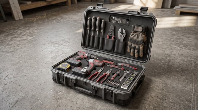 Professional heavy duty tool box with electric drill screwdrivers and protective gear on a workshop concrete floor background for repair concepts.