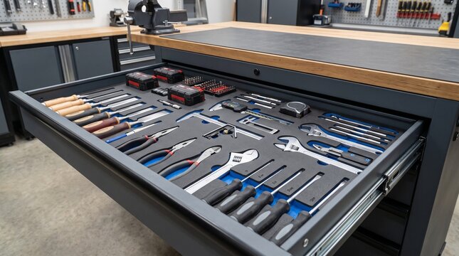 Professional workshop workbench with an open drawer showing perfectly organized hand tools in blue and black custom foam shadow inserts.