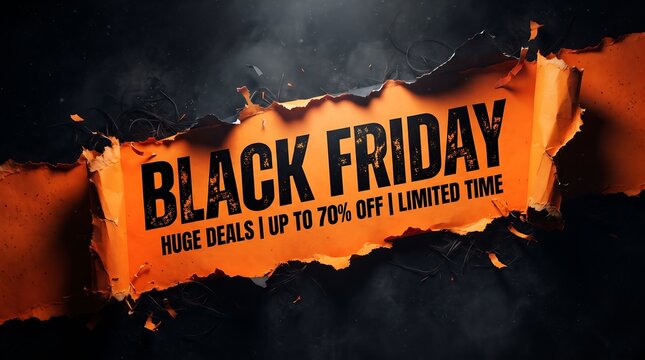 Dramatic black friday sale banner with fiery orange and dark background lighting