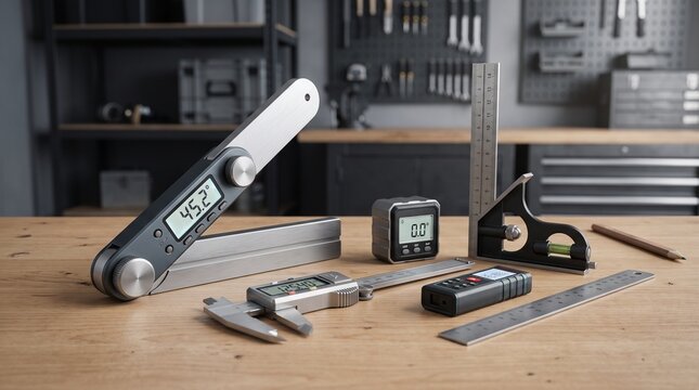 Professional Digital Measuring Tools Set including Protractor Caliper and Angle Finder on a Wooden Workbench in a Modern Industrial Woodworking Workshop