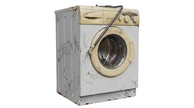 Old Rusty Front Loading Washing Machine with Hose