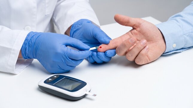 blood glucose monitoring and diabetes management. doctor in blue nitrile gloves applying blood drop to test strip from patient finger. portable glucometer on white desk in clinic.

