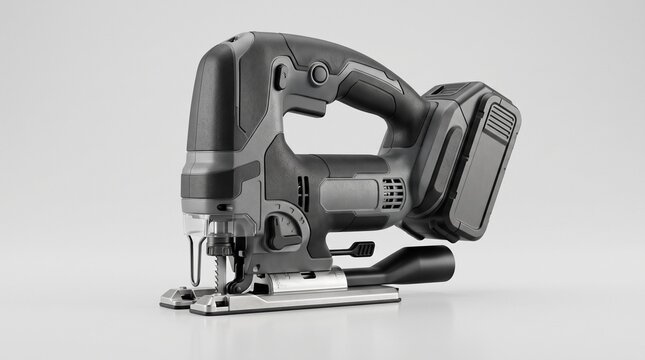 Modern cordless electric jigsaw power tool for woodworking isolated on grey background, battery operated industrial saw for precision wood cutting tasks.