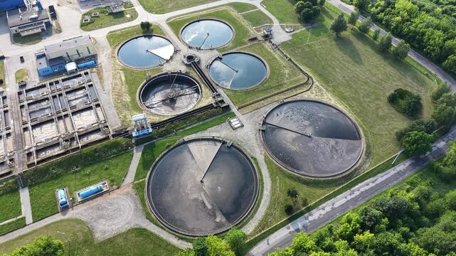 Aerial drone shot of municipal water treatment