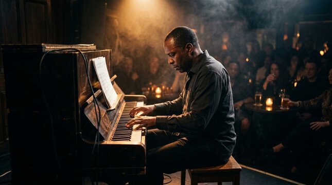 Musician plays jazz piano in smoky, dimly lit club with audience