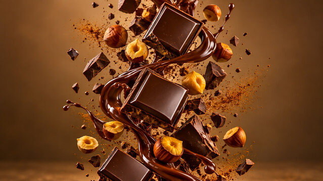 Surreal floating dark chocolate pieces with glossy melted chocolate, nuts and crumbs on a warm brown background, ideal for dessert, confectionery, food branding and advertising.