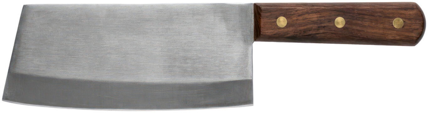 Heavy-duty steel meat cleaver with wooden handle.