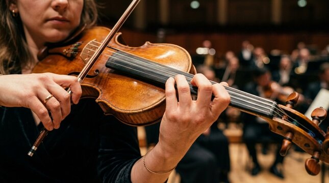 Orchestra Violinist Playing Classical Music with Bow and Fingers on Fingerboard