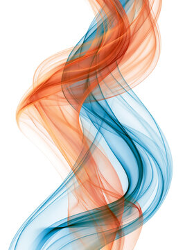 Abstract dynamic flowing wave of translucent orange and blue smoke trail isolated on white background.