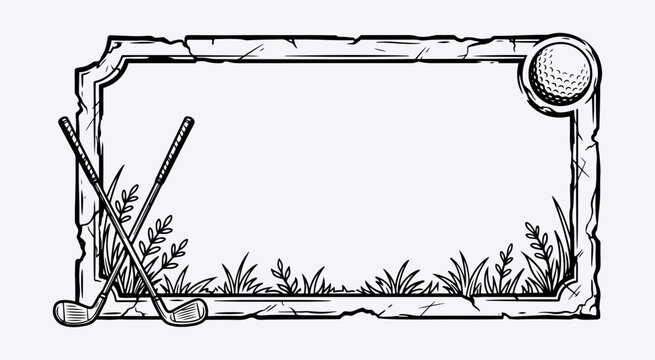 Golf clubs and golf ball in grass rectangular border in vintage sport style