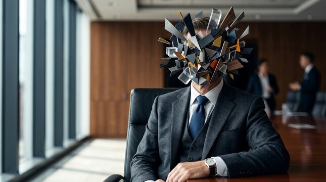Businessman with fragmented mind, mental breakdown, abstract thoughts, modern office