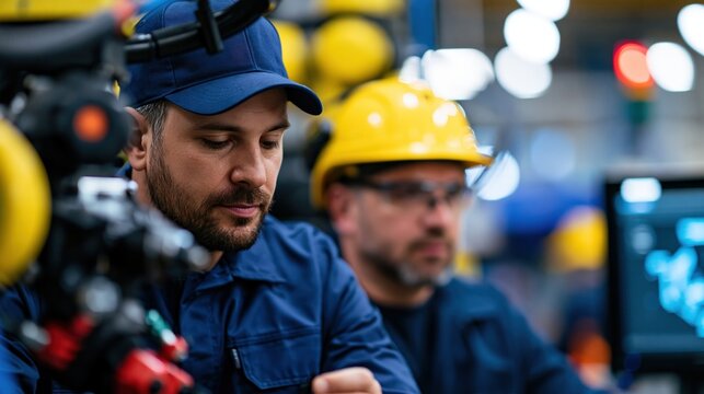 Factory maintenance engineer and machine operator performing equipment diagnostics