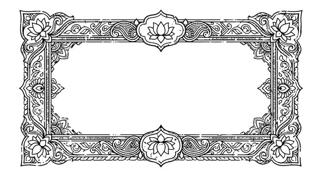 Lotus flower ornate frame with botanical scrollwork border in vintage engraving style