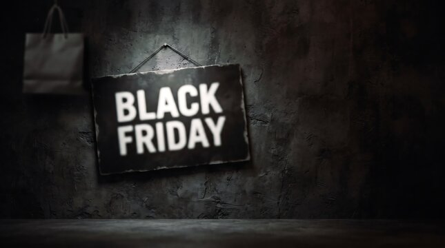 Dramatic black friday sale announcement with dark brick wall background and spotlight