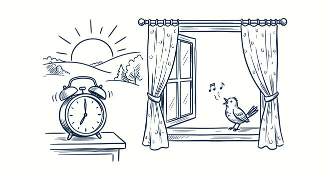 Line art sketch of a morning awakening scene with ringing alarm clock and singing bird at open window