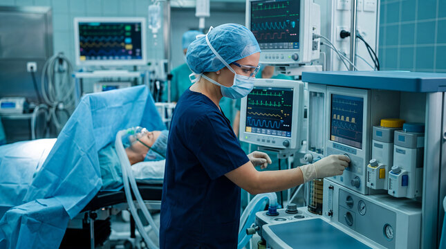 Female anesthesiologist adjusting advanced anesthesia machine in operating room during surgery