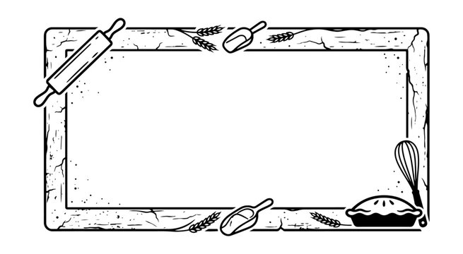 Rectangular pastry border frame with rolling pin pie and whisk in vintage bakery style