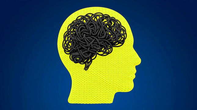 Creative illustration knitted human head with brain inside