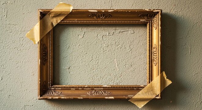 An ornate, empty gold picture frame is taped to a textured wall, creating a unique and minimalist art display.